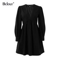 Bclout Casual Mini dopasowana sukienka z falbanką kobiety bufiaste rękawy V Neck czarne sukienki na imprezy białe guziki z długim rękawem jesień Vestido 5